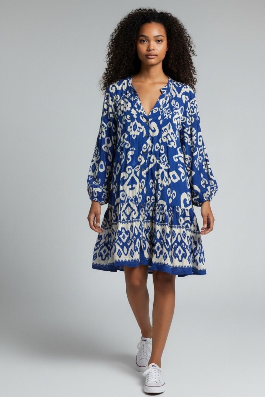 Zara Womens M Blue White Abstract Print Viscose Mini Dress Long Sleeve Boho